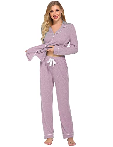 Ekouaer Women's Pajamas Long Sleeve Loungewear Casual Button Down Pjs - color: Pink, size: Small