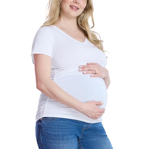 Motherhood Maternity Women's Short Sleeve Side Ruched V-Neck Pregnancy Tee Shirt - color: White, size: Large