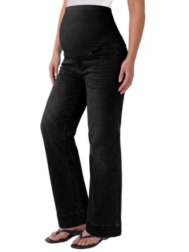Yoklass Over The Belly Maternity Jeans Long Pants with Pockets - color: C01: Black, size: Medium