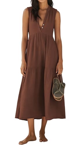 R.Vivimos Womens Summer Cotton Button V Neck Maxi Dress - color: Brown, size: Large