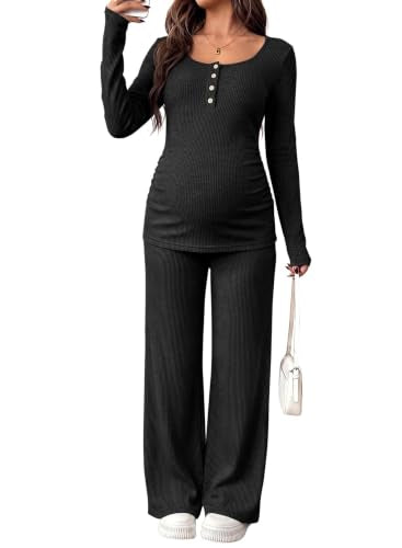 BLENCOT Maternity Clothes Ribbed Long Sleeve Sets Button 2 Piece Outfits - color: Black, size: Large
