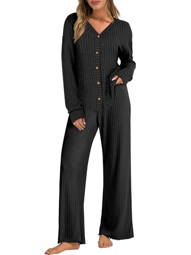ANRABESS Womens Lounge Set 2 Piece Pajama Sets Ribbed Knit Matching Set - color: Black, size: Small