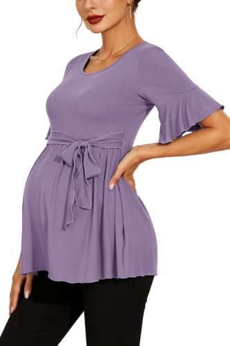 Women's Ruffle Maternity Tops Short Sleeve Wrap Tie Front Shirts Pregnancy Clothes - color: Purple, size: Medium