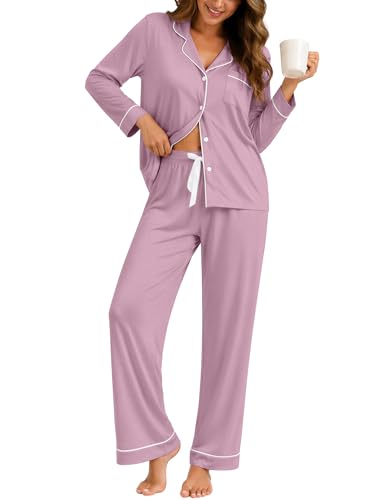 ZMJ Womens Pajama Sets 2 Piece Long Sleeve Button Down Sleepwear with Pants - color: Bean Paste, size: XX-Large