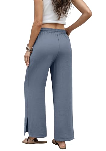 Sampeel Womens Wide Leg Beach Pants Elastic Waist Lightweight Casual Flowy Palazzo Lounge Trousers with Pockets - color: Dark Grey, size: Large