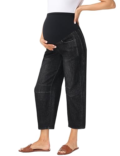 Foucome Maternity Jeans Over Belly Comfy Barrel Jeans - color: Wash Black, size: Large