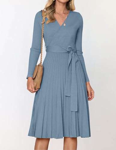 ZESICA Women's Long Sleeve Wrap Sweater Midi Dress with Belt - color: Dustyblue, size: X-Large