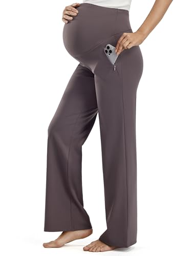 JOYSPELS Smooth Feeling Wide-Leg Maternity Work Pants Soft Pregnancy Yoga Pants with Zippered Pockets Over The Belly - color: Grey, size: Medium