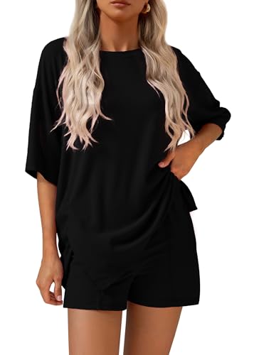 KIRUNDO 2 Piece Sets for Women Summer Lounge Sets Casual - color: Black, size: Large