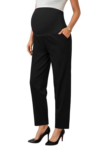 OUGES Women's Over Belly Straight Leg Maternity Pants with Pockets - color: Black, size: X-Large