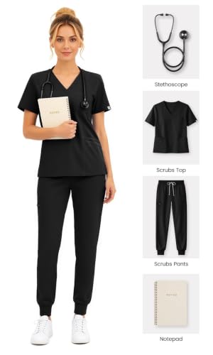 Scrubs for Women Set, V-Neck Top & Jogger Pants - color: Black, size: 3X-Large