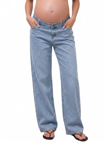 BLENCOT Women Wide Leg Elastic Waist Maternity Jeans with Pockets - color: Sky Blue, size: Large