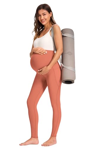 JOYSPELS Smooth Feeling Maternity Workout Leggings with Pockets Pregnancy Pants Over The Belly - color: Peach Blossom, size: Large
