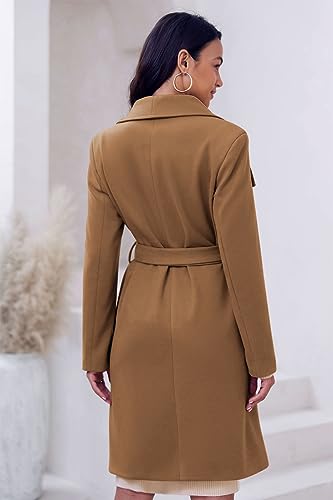 Cicy Bell Women's Pea Trench Coat Lapel Collar Long Jacket Open Front Belted Overcoat with Pockets - color: Brown, size: XX-Large