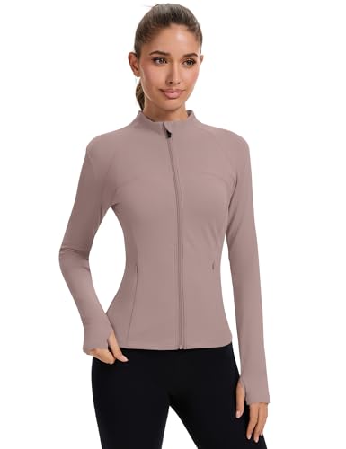 Rapbin Women's Full Zip Workout jackets Runing Slim Fit Athletic Tops With Thumb Holes - color: Cream Coffee, size: Large
