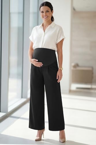 OUGES Women's Wide Leg Summer Business Casual Maternity Pants with Pockets - color: Black, size: Large