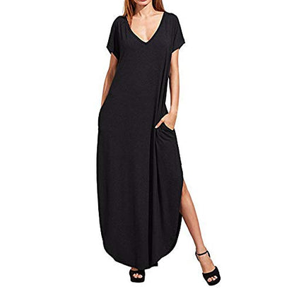 Women's Year-Round Casual Maxi Dress V-Neck Boho Long Dress with Pockets - color: 152 Black, size: Medium