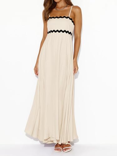 PRETTYGARDEN Women Spaghetti Strap Boho Maxi Dresses Flowy - color: Beige, size: X-Large