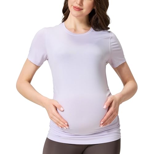 netdraw Buttery Soft Bamboo Viscose Maternity T Shirt, Pregnancy Short Sleeve Side Ruched Casual Tops - color: Iris, size: Medium