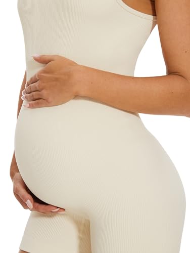 BDITANLE Maternity Workout Romper Pregnancy Yoga Ribbed One Piece Seamless Tank Top Jumpsuit - color: 02beige, size: Medium
