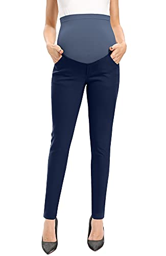 POSHGLAM Women's Maternity Pants Casual Work Pull-on Stretch Comfy Skinny Pregnancy Pants with Pockets - color: Navy, size: Medium