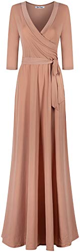Women's 3/4 Sleeve Deep V-Neck Maxi Faux Wrap Solid Plus Size Dress - color: Tan--v-neck, size: Medium