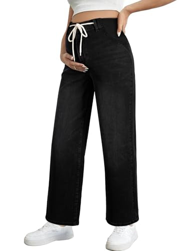 BLENCOT Maternity Jeans High Waisted Drawstring Straight Leg Denim Pants - color: Black, size: X-Large