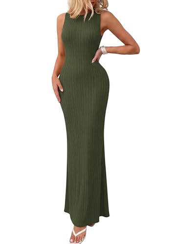 PRETTYGARDEN Women's Knit Bodycon Maxi Going Out Dresses - color: Army Green, size: Medium