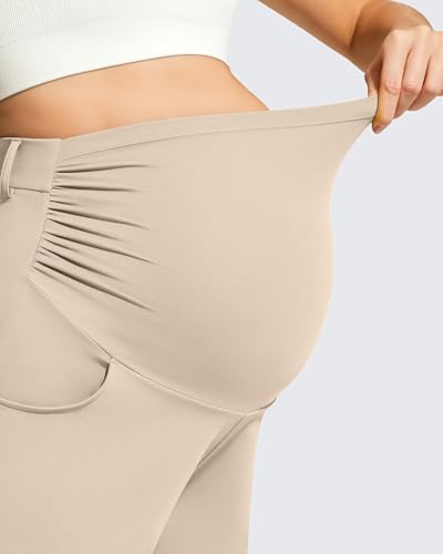 G4Free ShiftReady Maternity Shorts with Pockets Over The Belly Pregnancy Summer Casual Daily Clothes - color: Light Khaki, size: Medium