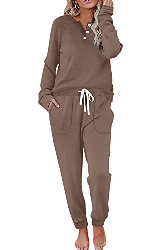 WIHOLL Two Piece Outfits for Women Lounge Sets Button Down Sweatshirt Sweatpants Sweatsuits Set with Pockets - color: Long Sleeve - 1 Khaki, size: Medium