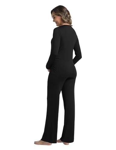 Womens Maternity Pajamas 2 Piece Set Sleepwear - color: Black, size: Small