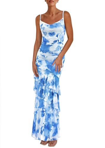 PRETTYGARDEN Women's Boho Floral Tiered Maxi Dress - color: Blue, size: Small