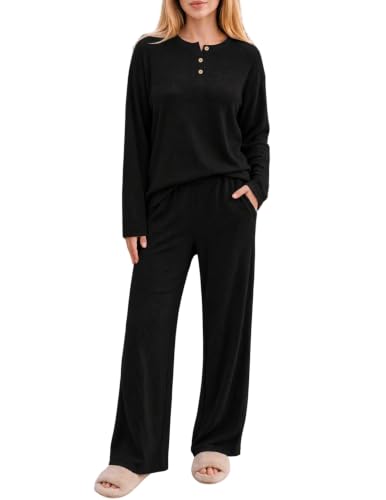 Ekouaer Womens Pajama sets Long Sleeve Cozy 2 Piece Matching Lounge Set - color: Black, size: Large