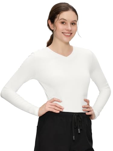 COZYFIT Women’s Underscrub Tee, V-Neck Long Sleeve Undershirt - color: White, size: Medium