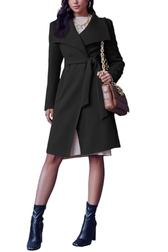 Cicy Bell Women's Pea Trench Coat Lapel Collar Long Jacket Open Front Belted Overcoat with Pockets - color: Black, size: Medium