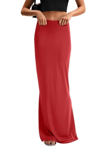 KIFOVEN Women's High Waist Elastic Maxi Skirt - color: Bright Red, size: Large