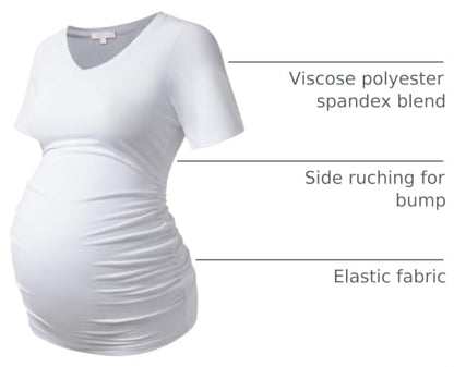 Bhome Maternity Shirt Short Sleeve Pregnancy Tshirt Side Ruched Tee Top - color: White Vneck, size: Medium