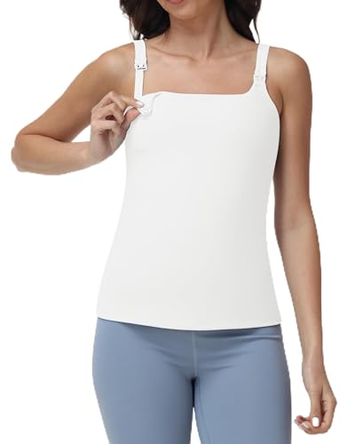 Foucome Nursing Tank Tops Stretch Nursing Cami with Built in Bra - color: White, size: Medium