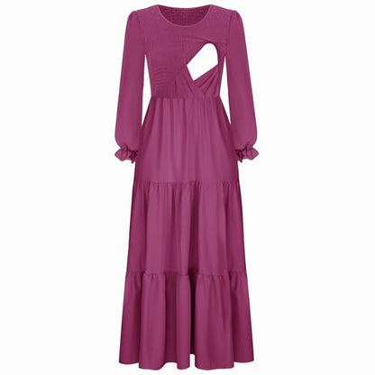 CzzzyL Women's Nursing Dress Smocked Bodice Ruched Midi with Pockets - color: Voilet, size: Medium