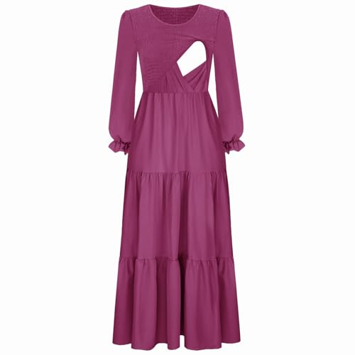 CzzzyL Women's Nursing Dress Smocked Bodice Ruched Midi with Pockets - color: Voilet, size: Large