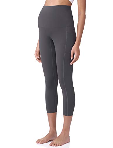 POSHDIVAH Maternity Capri Leggings with Pockets Pregnancy Workout Pants - color: Grey, size: Large