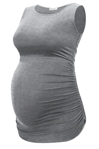 Smallshow Women's Maternity Tank Tops Sleeveless Ruched Pregnancy Clothes 3-Pack - color: Black/Light Grey/Deep Green, size: Medium