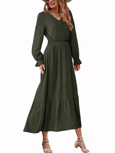 CzzzyL Women Nursing Boho Maxi Dress Swiss Dot Smocked with Pockets - color: S-green, size: Small