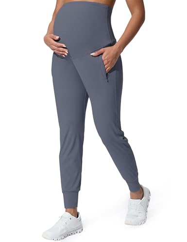 Mama Land Maternity Joggers Over Belly Pants with Zipper Pockets - color: Dusty Blue, size: Medium