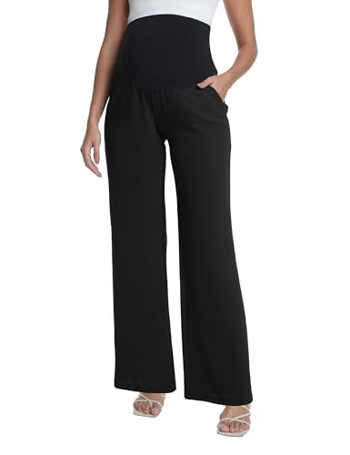 Foucome Maternity Pants Over Belly Summer Wide Leg Beach Pants - color: Black, size: Large
