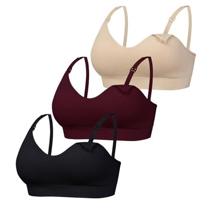 Women Seamless Nursing Bra 3 Pack Maternity Bra Breastfeeding - color: Black/Skin/Wine, size: Medium