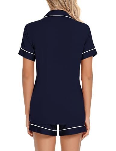 Anjue Womens Pajamas Set Short Sleeve Button Down Soft Pj Sets S-XXL - color: A 1navyblue-p, size: Small