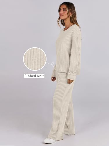 ANRABESS Women 2 Piece Lounge Pajamas Sets Casual Fall Outfits - color: Beige, size: Medium