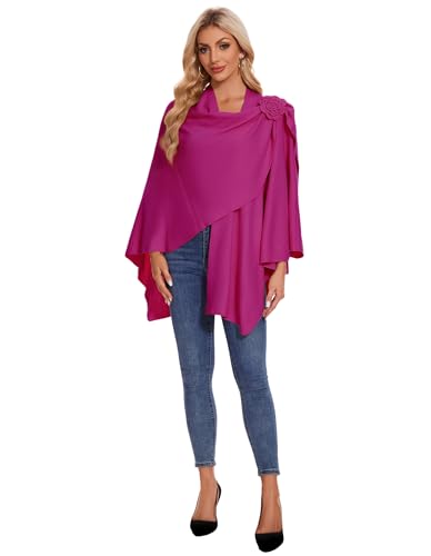 PULI Women Elegant Cross Front Floral Shawl Wraps Poncho Fall Winter - color: Hotpink