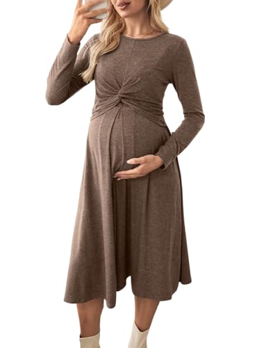 BLENCOT Maternity Nursing Midi Dress Twist Knot Pull Up Feed Postpartum - color: Brown, size: Small
